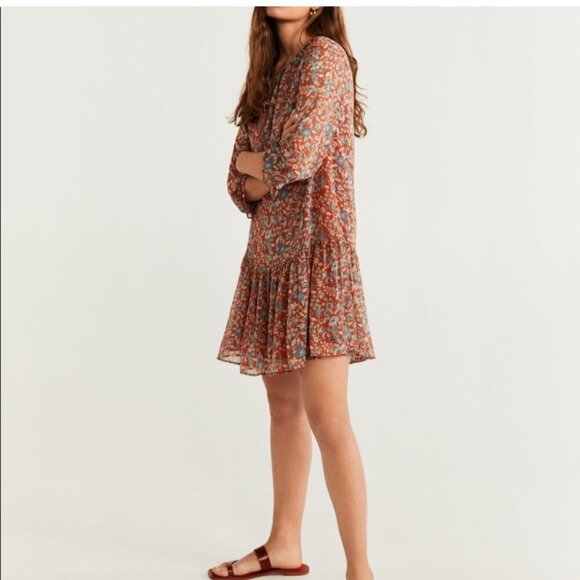 NWT Mango floral print mini dress Women's 4 orange brown loose ruffle boho - Picture 2 of 10